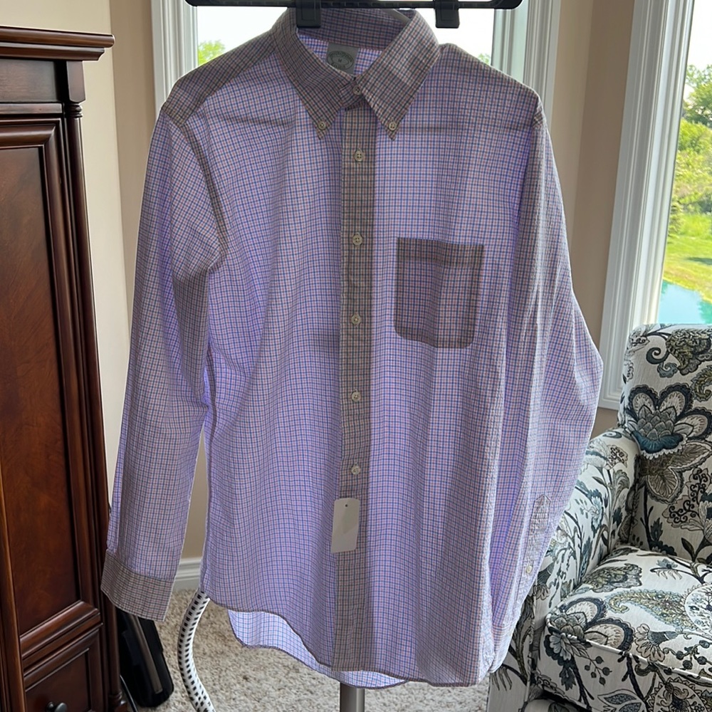 Mens sear-sucker pink and blue button down brooks brothers medium NWT